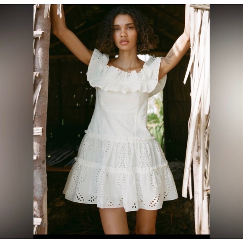 C24 Zara White Eyelet Embroidery Off The Shoulder Tiered Mini Dress Small - Picture 4 of 12